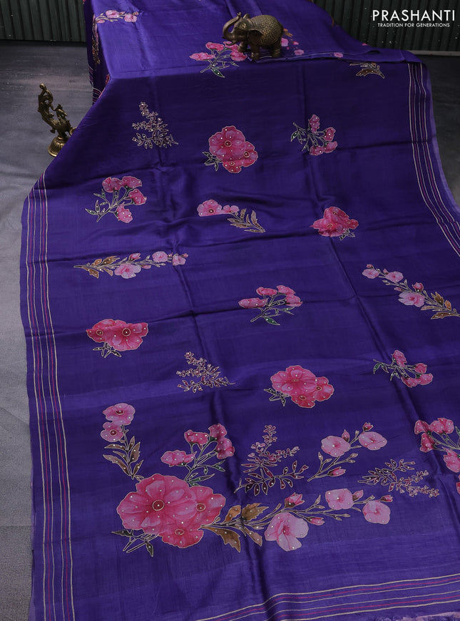 Pure tussar silk saree blue with floral prints & pita work and simple border