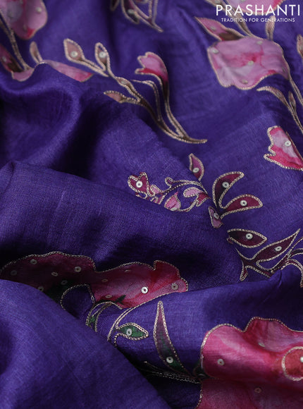 Pure tussar silk saree blue with floral prints & pita work and simple border