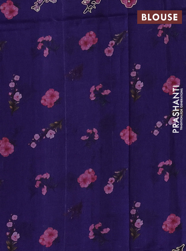 Pure tussar silk saree blue with floral prints & pita work and simple border