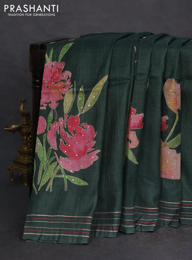 Pure tussar silk saree bottle green with floral prints & pita work and simple border