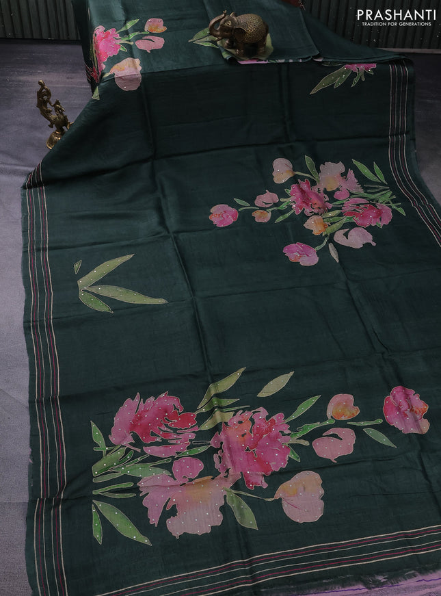 Pure tussar silk saree bottle green with floral prints & pita work and simple border