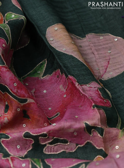 Pure tussar silk saree bottle green with floral prints & pita work and simple border