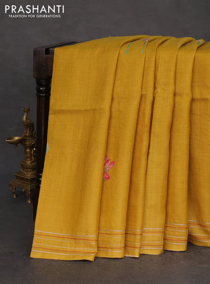 Pure tussar silk saree mustard yellow with floral prints & pita work and simple border