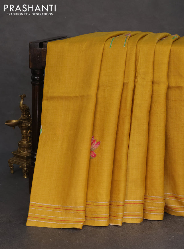 Pure tussar silk saree mustard yellow with floral prints & pita work and simple border
