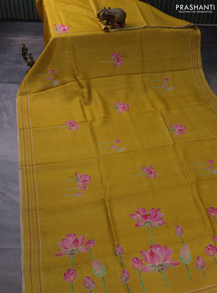Pure tussar silk saree mustard yellow with floral prints & pita work and simple border