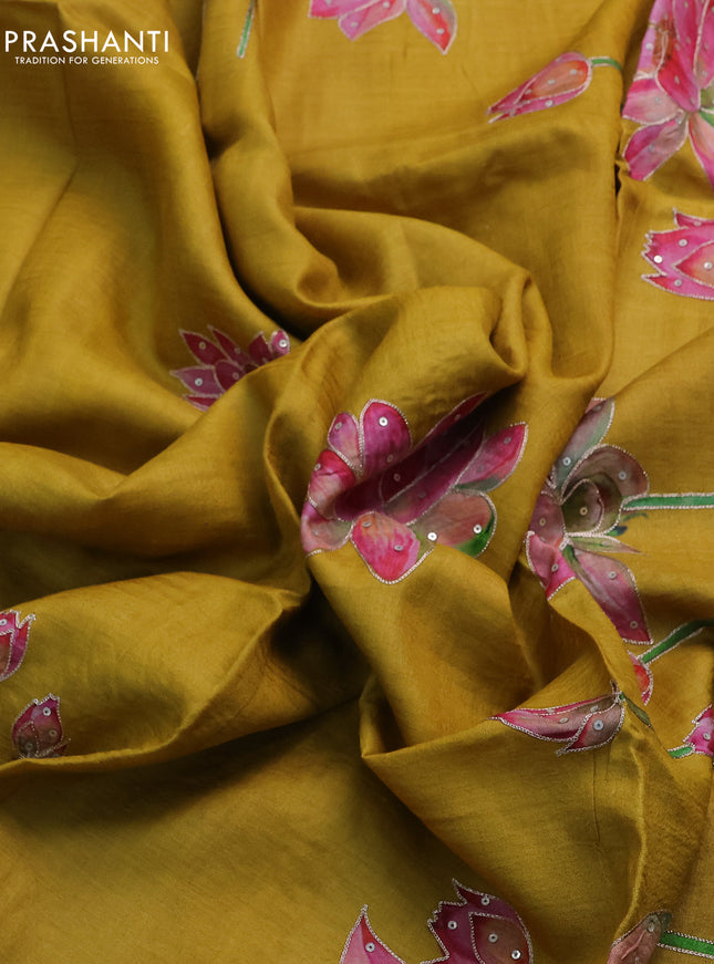 Pure tussar silk saree mustard yellow with floral prints & pita work and simple border