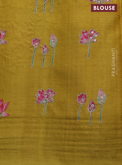 Pure tussar silk saree mustard yellow with floral prints & pita work and simple border