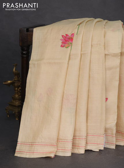 Pure tussar silk saree sandal with floral prints & pita work and simple border