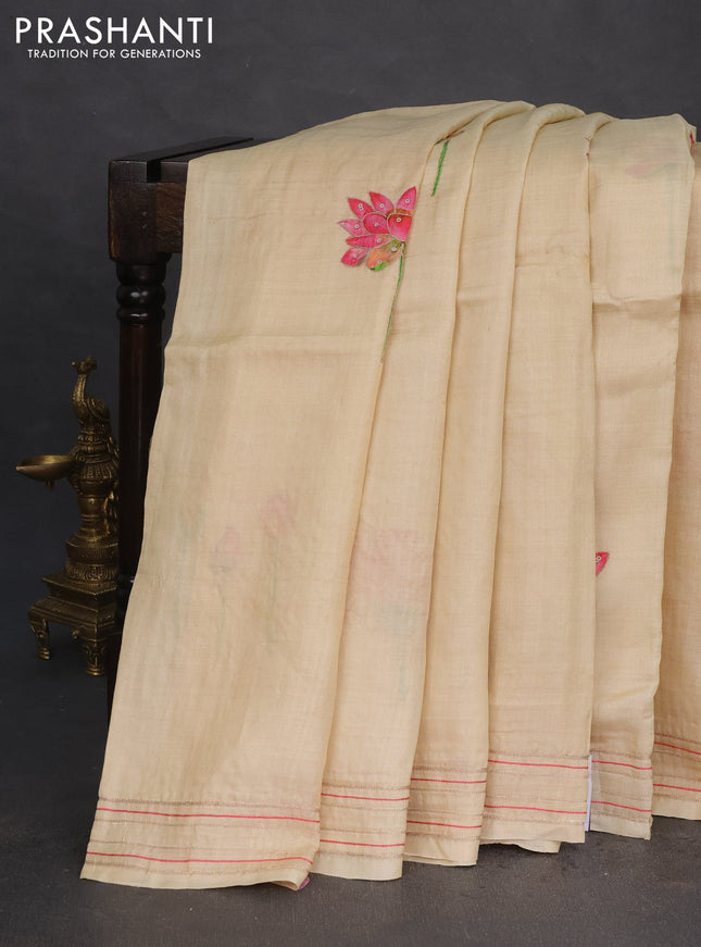 Pure tussar silk saree sandal with floral prints & pita work and simple border