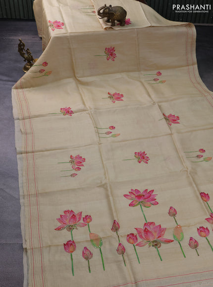 Pure tussar silk saree sandal with floral prints & pita work and simple border