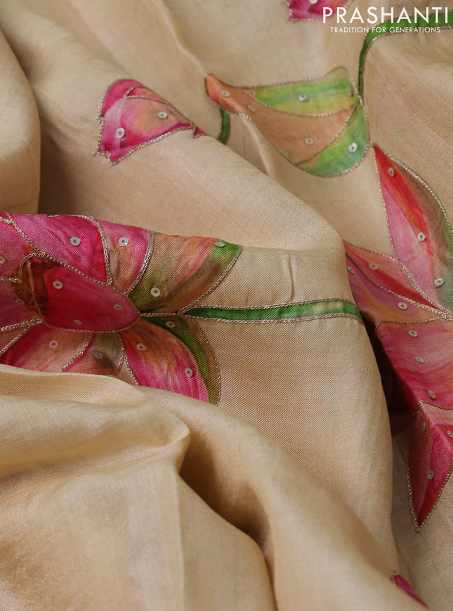 Pure tussar silk saree sandal with floral prints & pita work and simple border