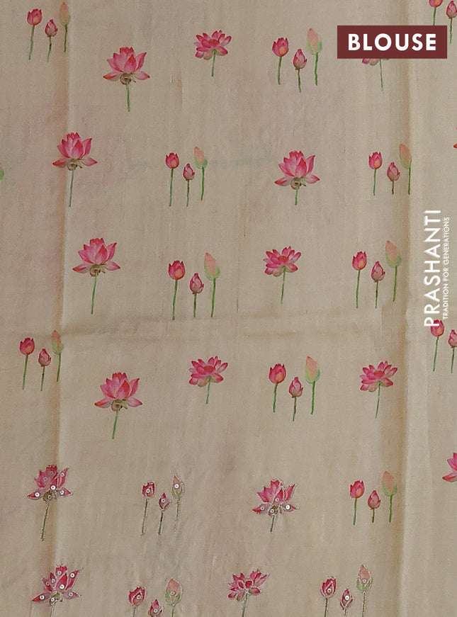 Pure tussar silk saree sandal with floral prints & pita work and simple border