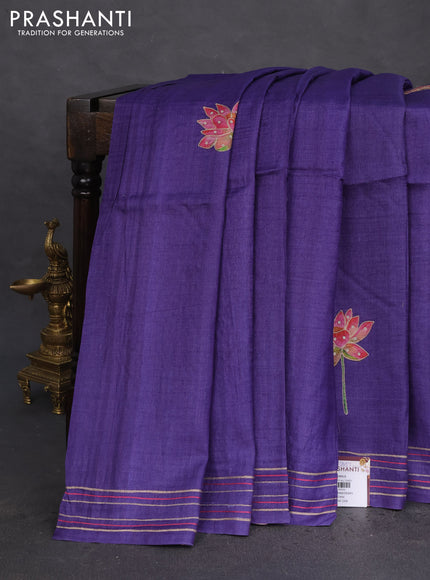 Pure tussar silk saree deep violet with floral prints & pita work and simple border