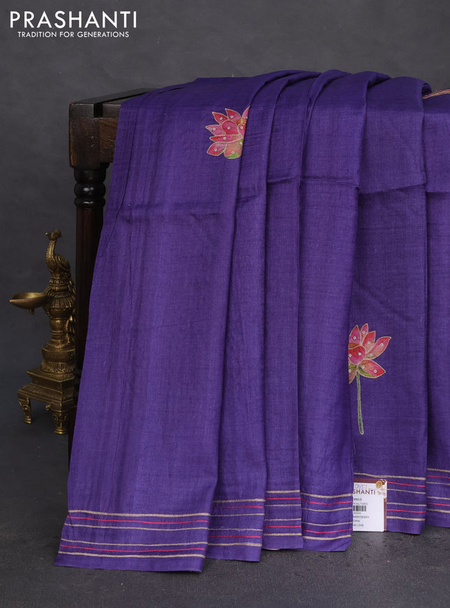 Pure tussar silk saree deep violet with floral prints & pita work and simple border