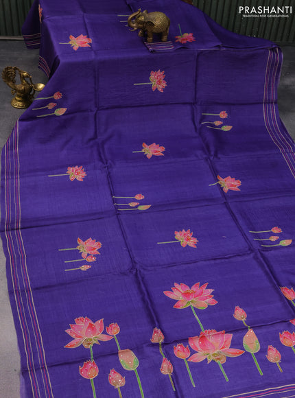 Pure tussar silk saree deep violet with floral prints & pita work and simple border