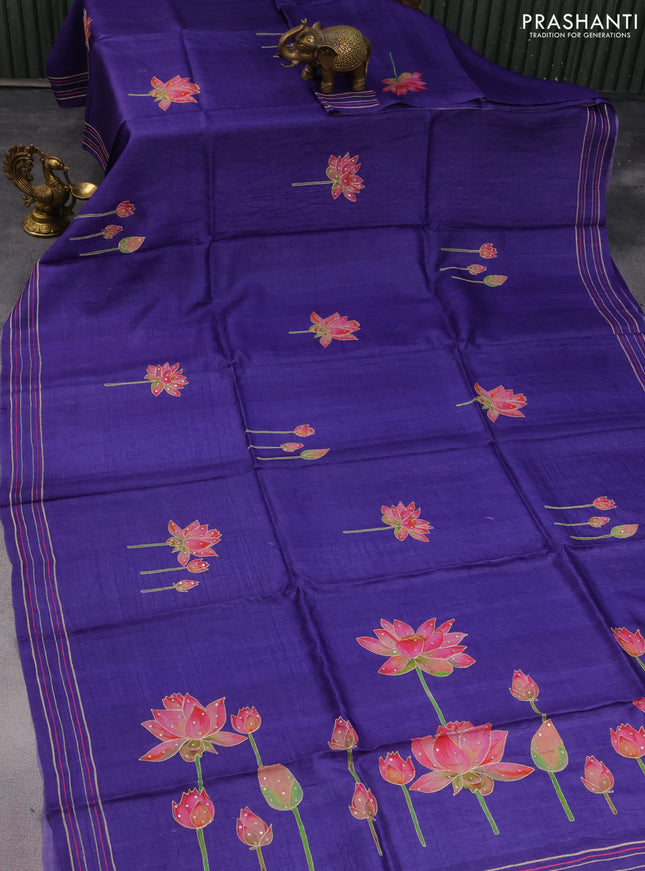 Pure tussar silk saree deep violet with floral prints & pita work and simple border