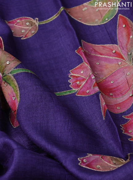Pure tussar silk saree deep violet with floral prints & pita work and simple border