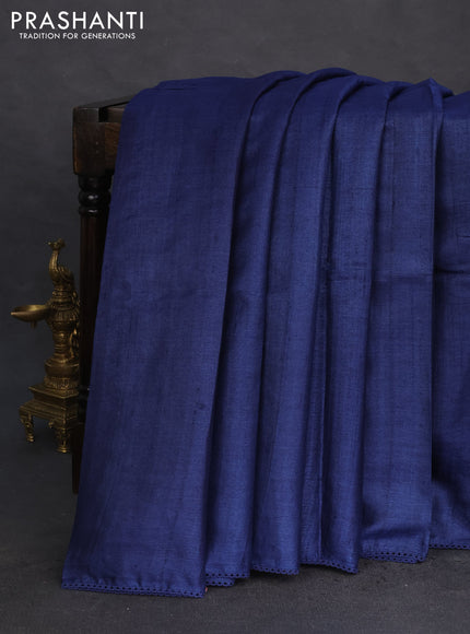 Pure tussar silk saree peacock blue and beige with plain body and embroidery work pallu