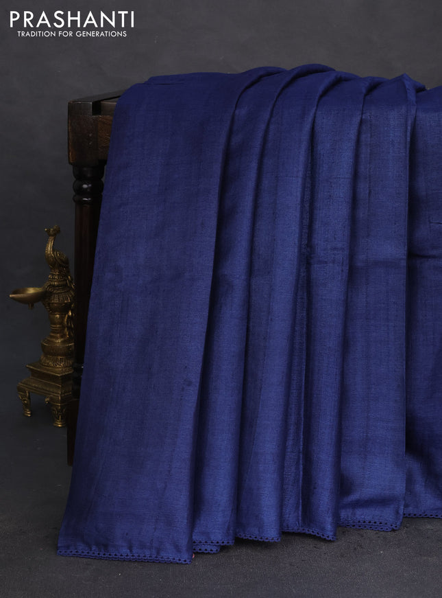 Pure tussar silk saree peacock blue and beige with plain body and embroidery work pallu