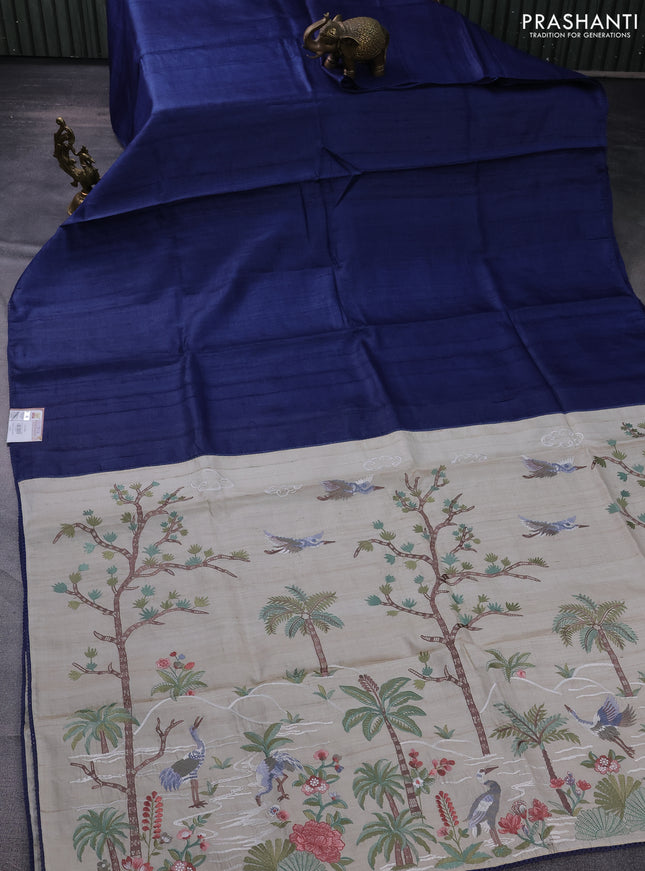 Pure tussar silk saree peacock blue and beige with plain body and embroidery work pallu