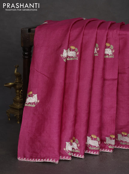 Pure tussar silk saree pink with pichwai design embroidery work buttas and simple border