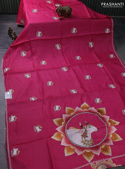 Pure tussar silk saree pink with pichwai design embroidery work buttas and simple border