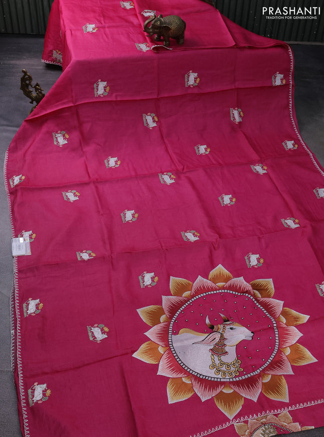 Pure tussar silk saree pink with pichwai design embroidery work buttas and simple border