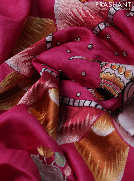 Pure tussar silk saree pink with pichwai design embroidery work buttas and simple border