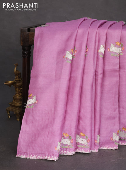 Pure tussar silk saree lavender with pichwai design embroidery work buttas and simple border