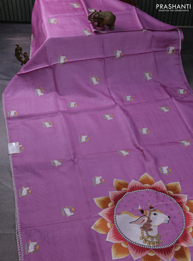 Pure tussar silk saree lavender with pichwai design embroidery work buttas and simple border