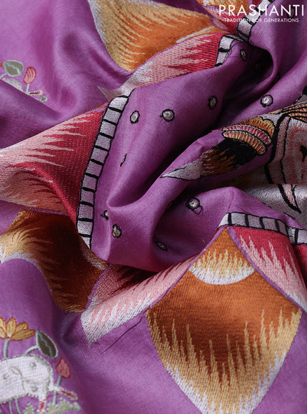 Pure tussar silk saree lavender with pichwai design embroidery work buttas and simple border