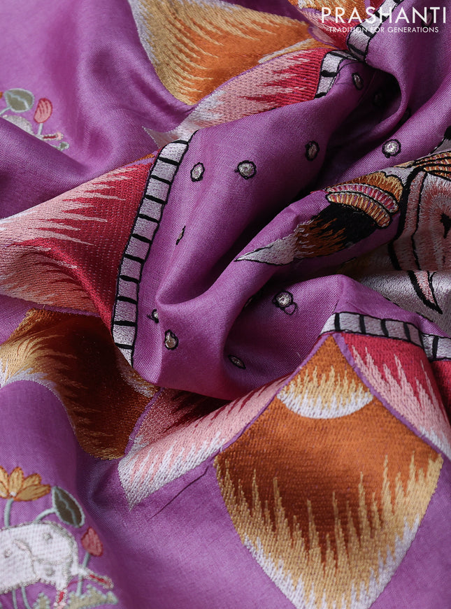 Pure tussar silk saree lavender with pichwai design embroidery work buttas and simple border