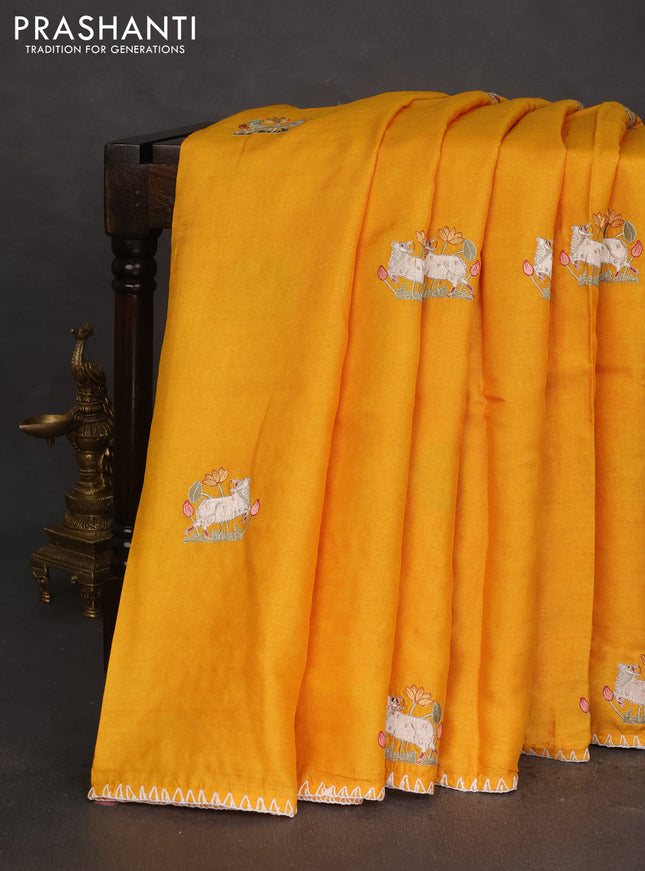 Pure tussar silk saree yellow with pichwai design embroidery work buttas and simple border