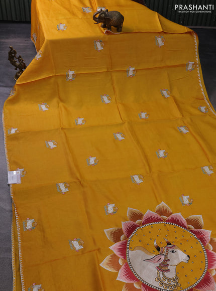 Pure tussar silk saree yellow with pichwai design embroidery work buttas and simple border