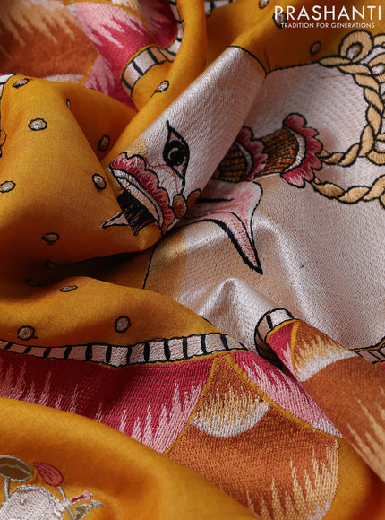 Pure tussar silk saree yellow with pichwai design embroidery work buttas and simple border