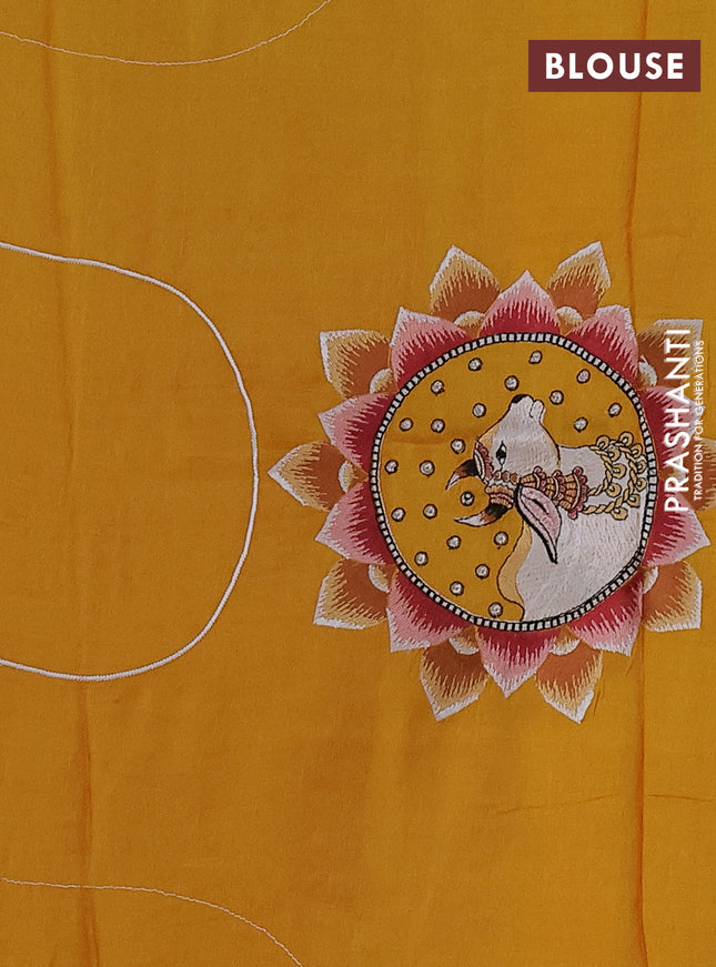 Pure tussar silk saree yellow with pichwai design embroidery work buttas and simple border