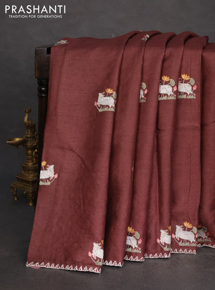 Pure tussar silk saree brown with pichwai design embroidery work buttas and simple border
