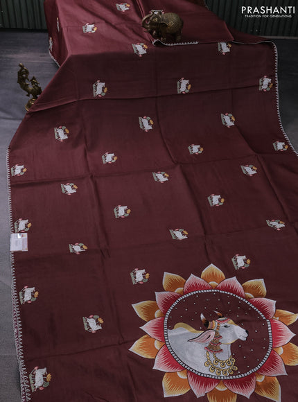 Pure tussar silk saree brown with pichwai design embroidery work buttas and simple border