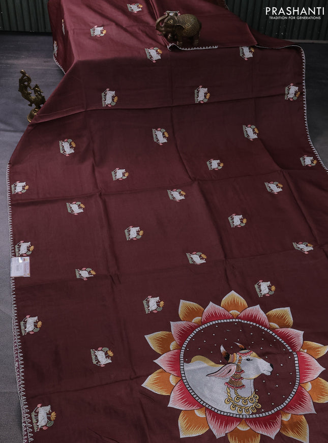 Pure tussar silk saree brown with pichwai design embroidery work buttas and simple border
