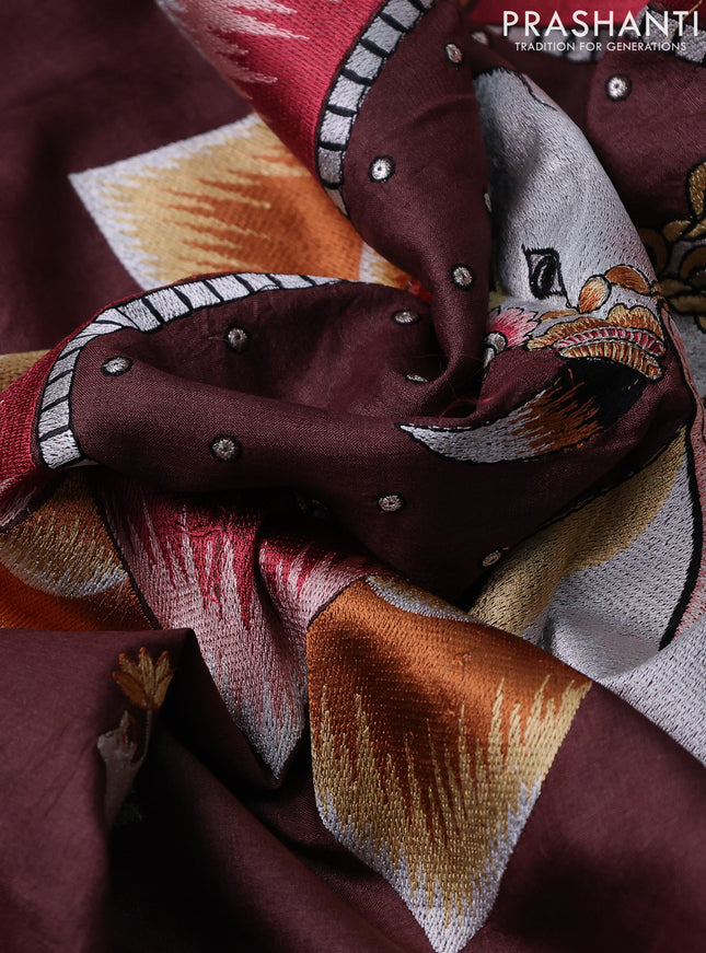 Pure tussar silk saree brown with pichwai design embroidery work buttas and simple border