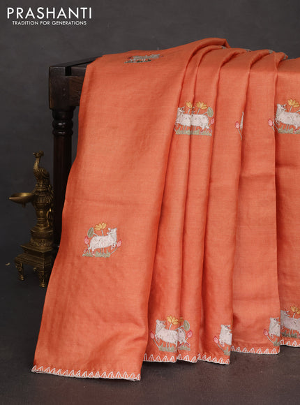 Pure tussar silk saree orange with pichwai design embroidery work buttas and simple border