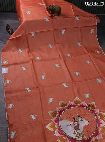Pure tussar silk saree orange with pichwai design embroidery work buttas and simple border