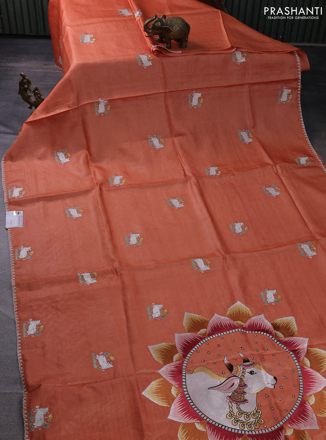 Pure tussar silk saree orange with pichwai design embroidery work buttas and simple border