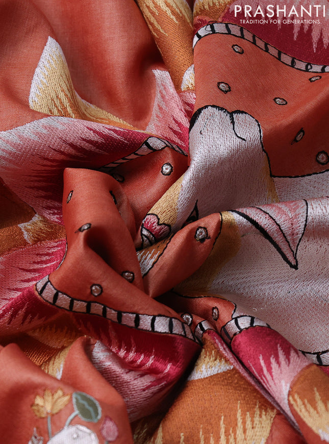 Pure tussar silk saree orange with pichwai design embroidery work buttas and simple border
