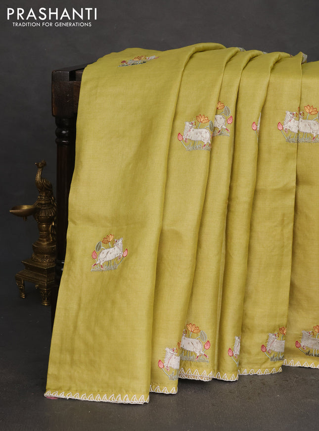 Pure tussar silk saree lime yellow with pichwai design embroidery work buttas and simple border