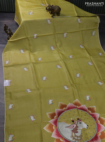 Pure tussar silk saree lime yellow with pichwai design embroidery work buttas and simple border
