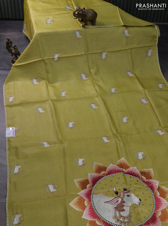 Pure tussar silk saree lime yellow with pichwai design embroidery work buttas and simple border
