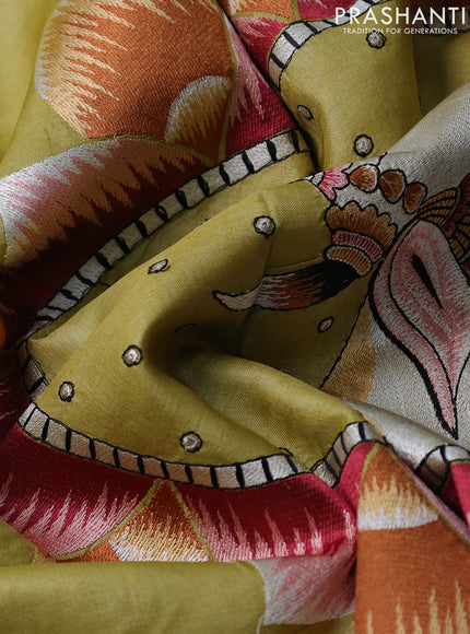 Pure tussar silk saree lime yellow with pichwai design embroidery work buttas and simple border