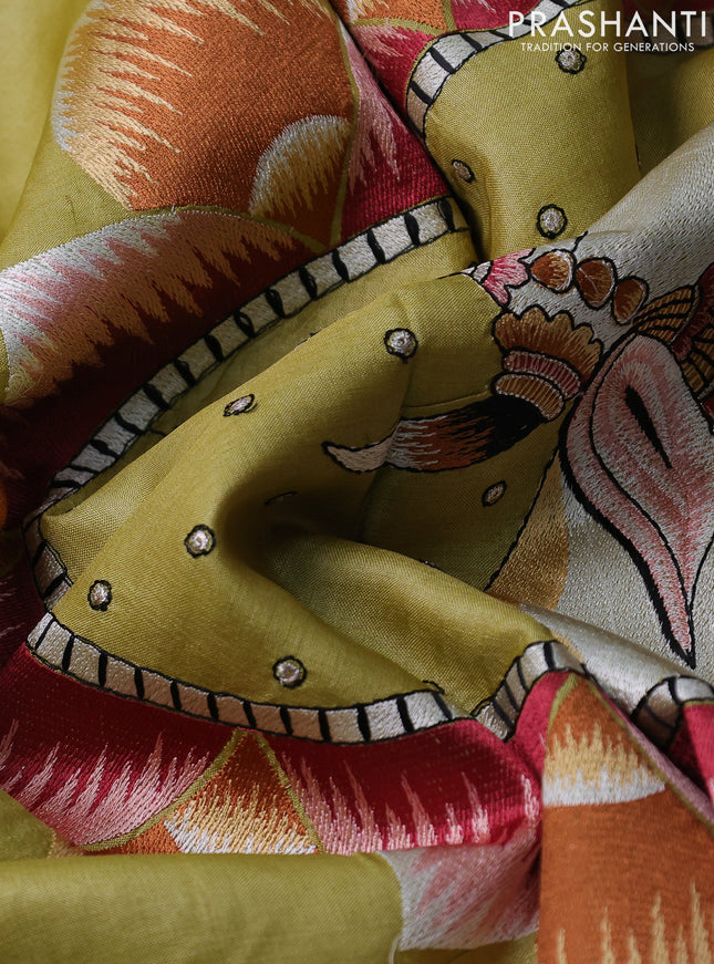 Pure tussar silk saree lime yellow with pichwai design embroidery work buttas and simple border