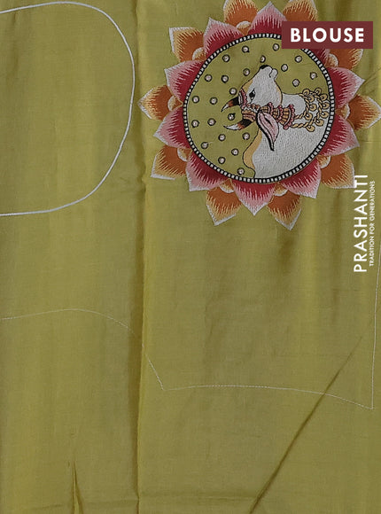 Pure tussar silk saree lime yellow with pichwai design embroidery work buttas and simple border
